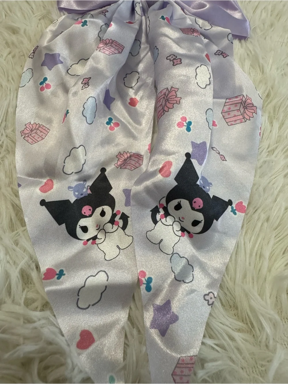 Kuromi Lavender Satin Bow Scarf hair pin with Cute Print